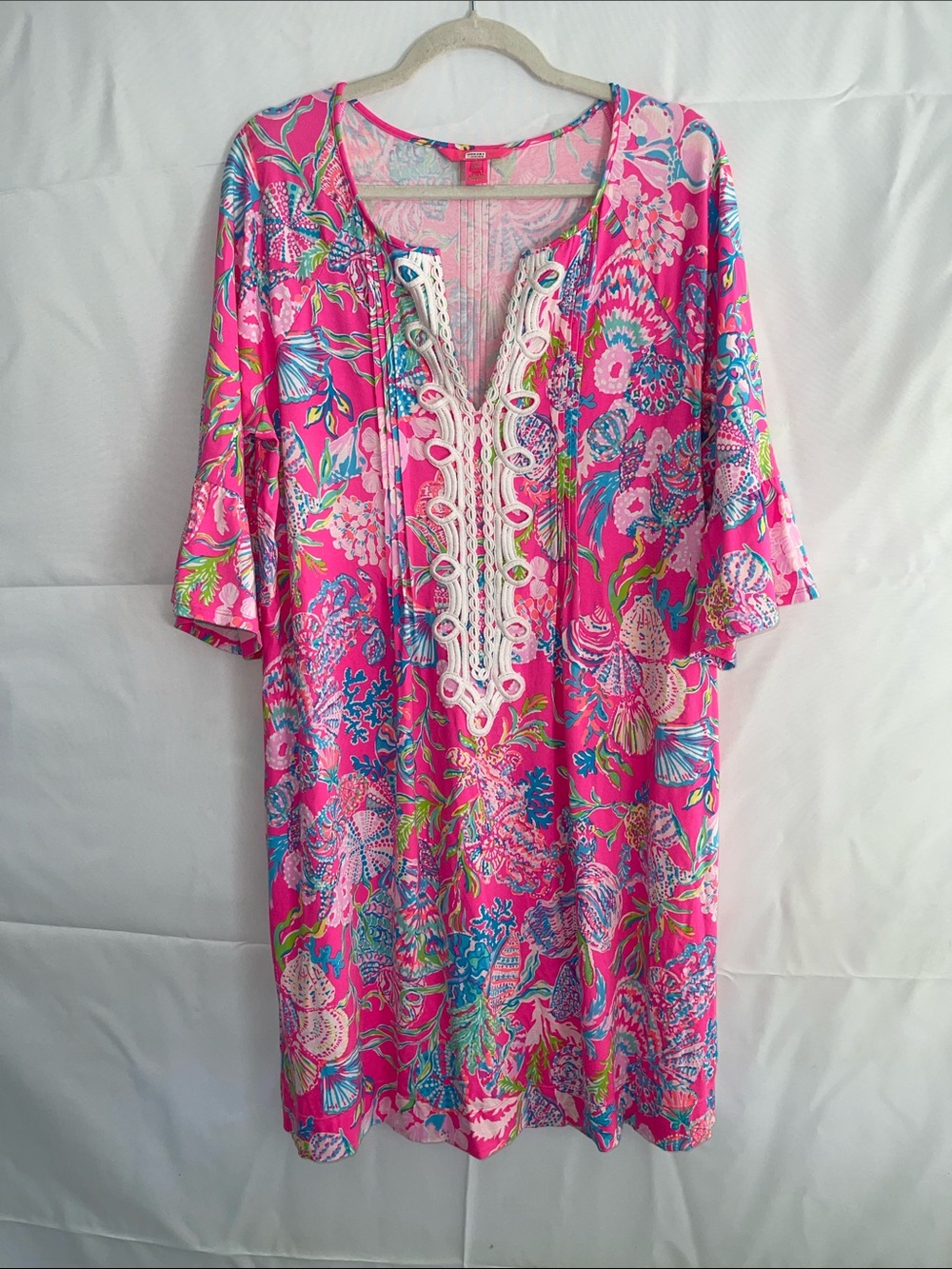 Lily Pulitzer Pink Floral V-Neck Tunic Shift Dress with Lace Trim Size XL NWOT